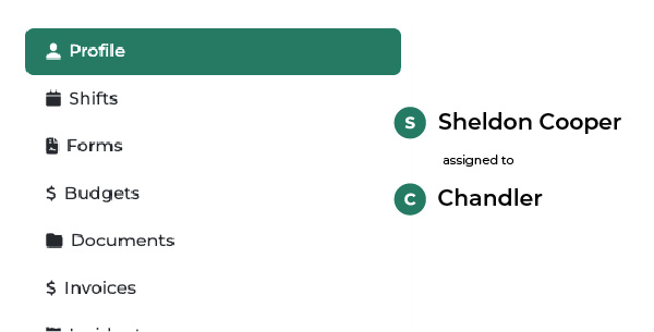 Participant profile with shifts, budgets, documents and invoices