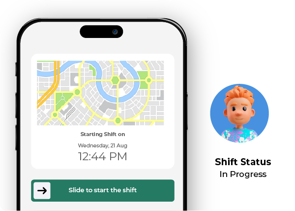 Worker app showing a shift ready to start with location tracking